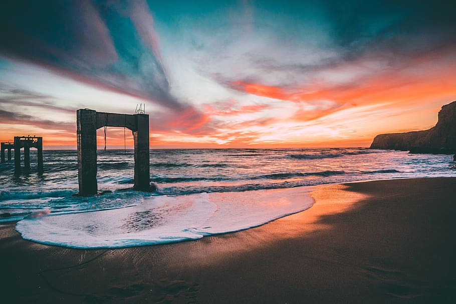 beach, sunset, sand, ocean, sea, coast, water, vacation, romantic HD wallpaper