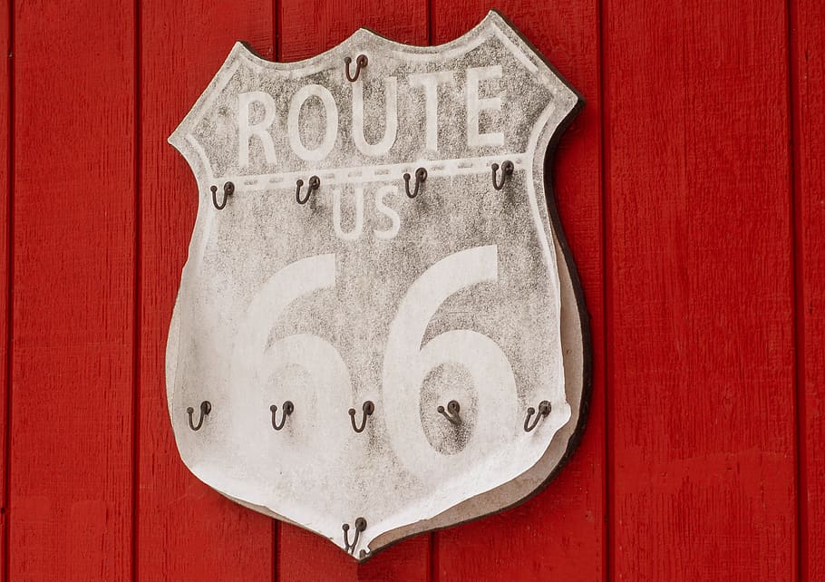Route US 66 hook rack, red, no people, close-up, communication HD wallpaper