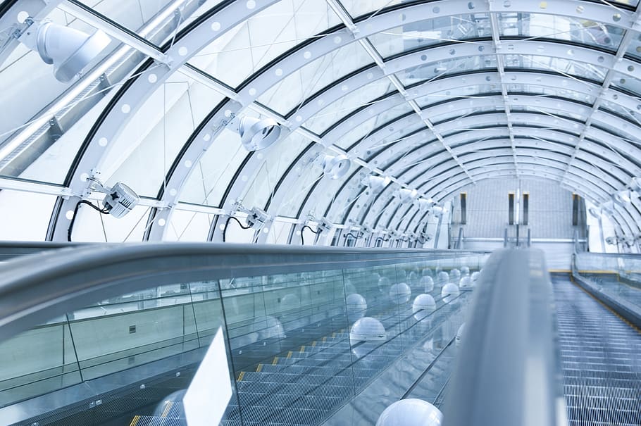 Escalator Near Clear Glass Building, architecture, ceiling, contemporary HD wallpaper