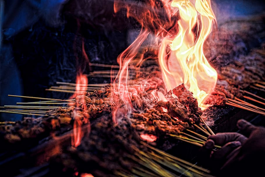 satay, food, fire, malaysia, burning, heat - temperature, fire - natural phenomenon HD wallpaper