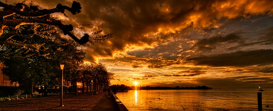outdoors, sunlight, red sky, dusk, dawn, path, rorschach am see HD wallpaper