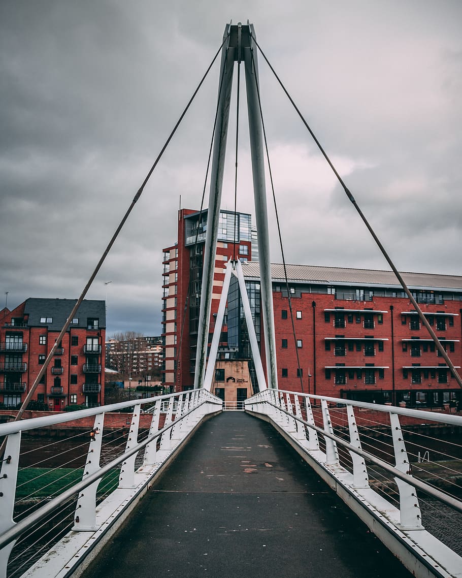 white suspension bridge, building, railing, leeds dock, england HD wallpaper