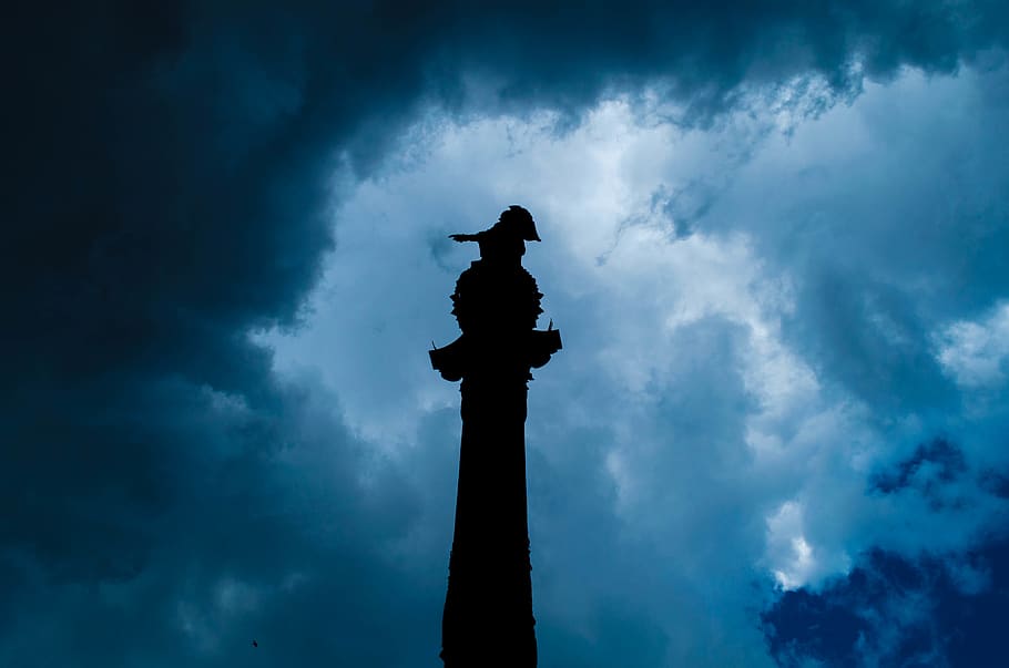 barcelona, spain, sky, cloud, colon, blue, storm, clouds, statue HD wallpaper