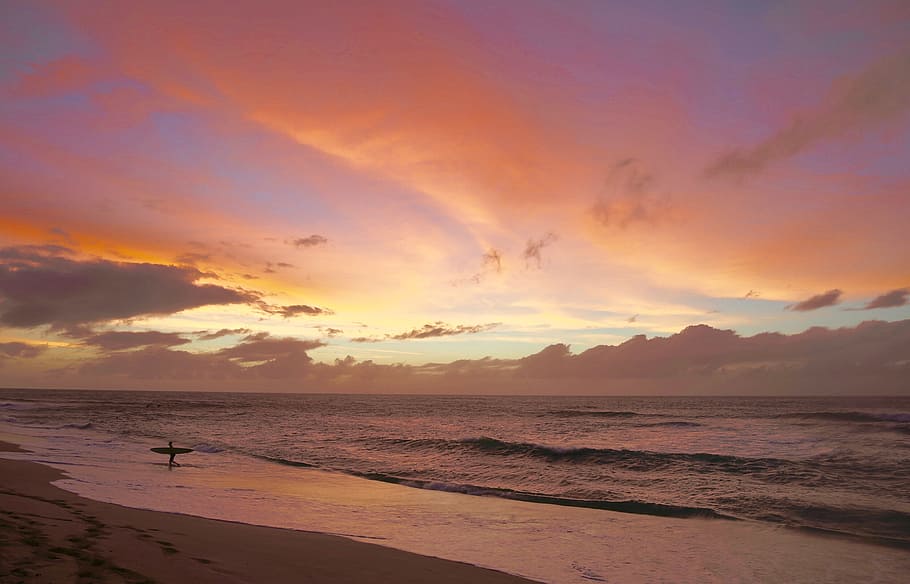 sea shore, surfer, surfing, cloud, horizon, wave, ocean, beach HD wallpaper