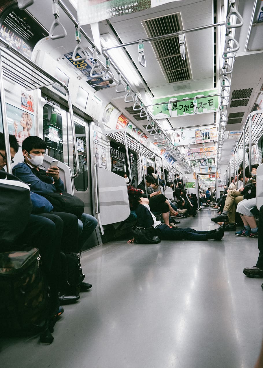 people sitting in train, human, person, apparel, clothing, lighting HD wallpaper