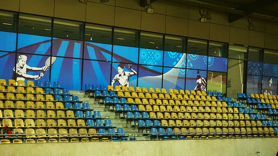 Yellow and Blue Seats Inside Court, architecture, building, design HD wallpaper