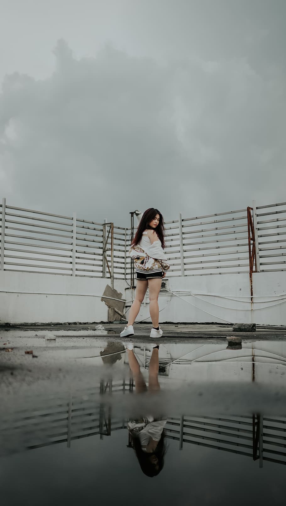 woman wearing shorts near wall, model, rooftop, street, mood, HD wallpaper