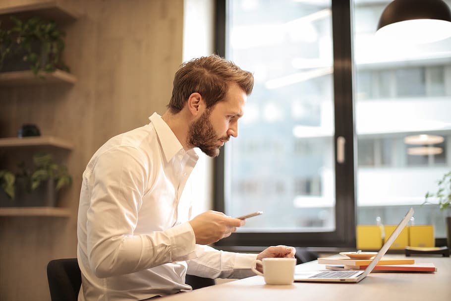 Man in White Dress Shirt, businessman, coffee, concentration HD wallpaper