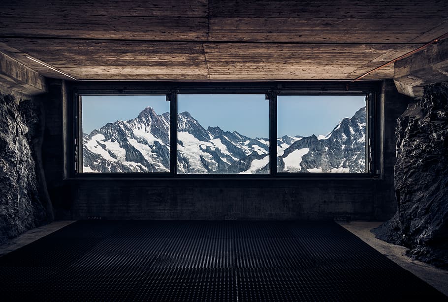 white and black mountain, snow, window, cold temperature, winter HD wallpaper