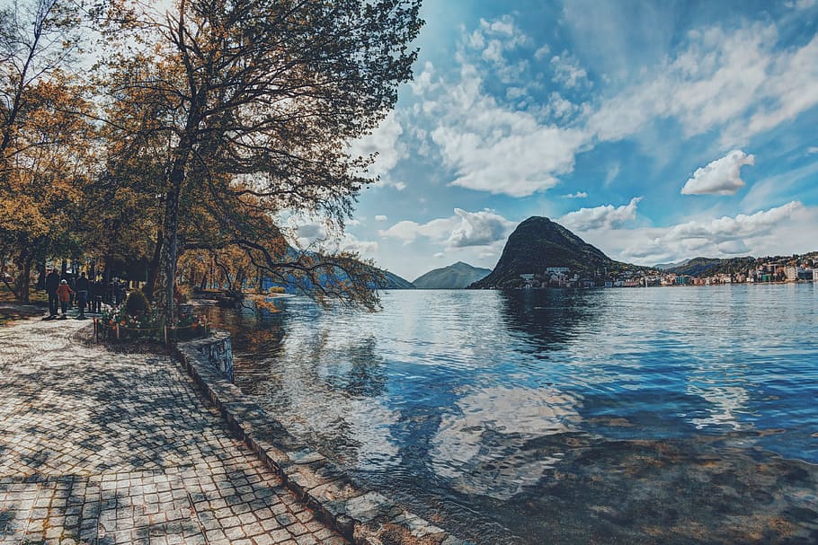 Body of Water Between Tall Trees Under Blue Sky, beautiful, clouds HD wallpaper