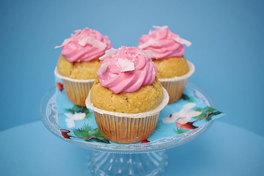 Three Cupcake With Pink Icing, baked, confection, cream, creamy
