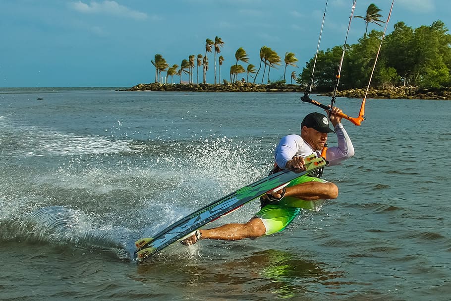 Man Surfing, action, beach, fun, kiteboarding, kitesurfing, leisure HD wallpaper