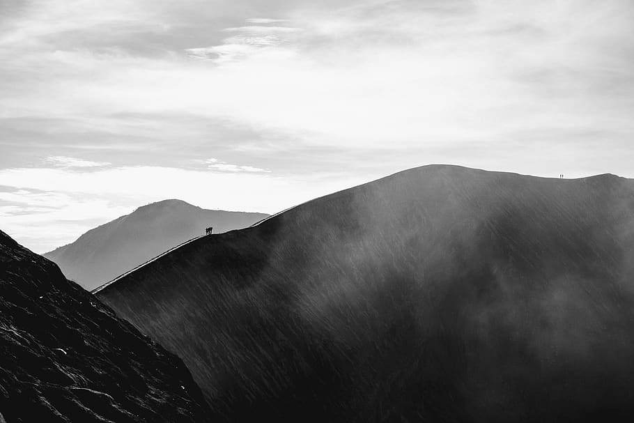 Grayscale Photo of Mountain, clouds, dawn, daylight, fog, landscape HD wallpaper