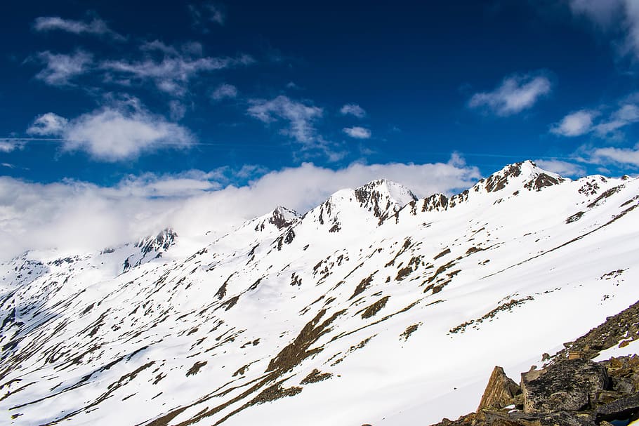 Aerial Photo of Snow-covered Mountain, altitude, blue sky, clouds HD wallpaper
