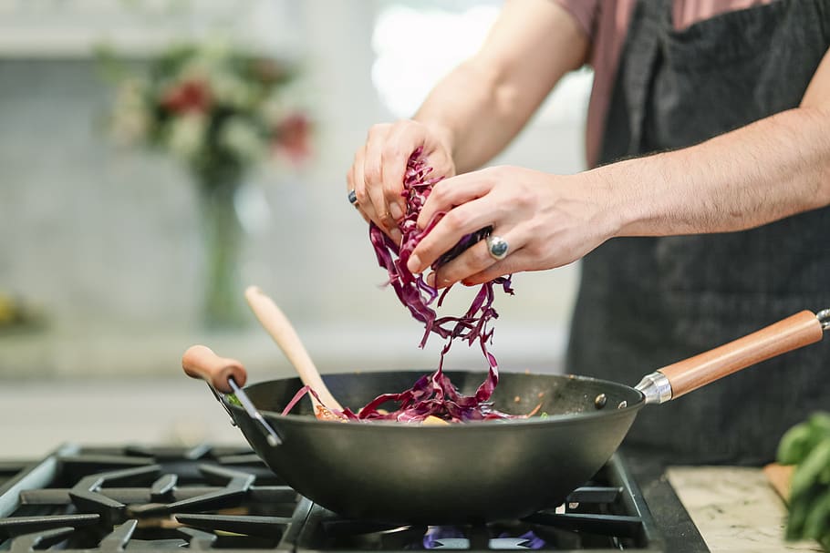 Person Cooking Red Cabbage, adding, adult, apron, brunch, chef