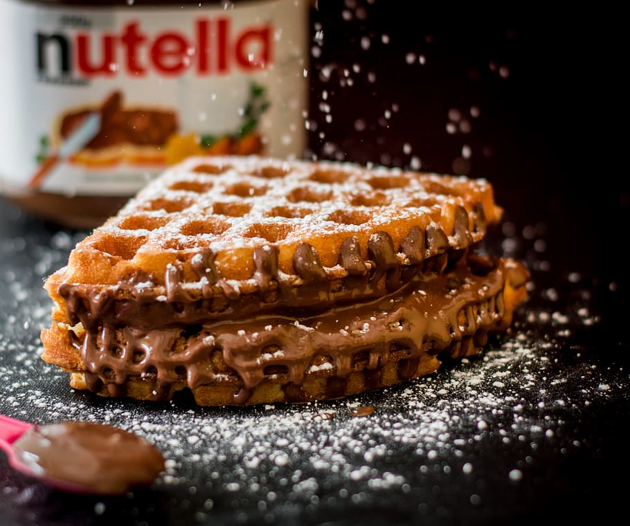 Waffle With Nutella Bottle, delicious, food, homemade, jam, slice, HD wallpaper