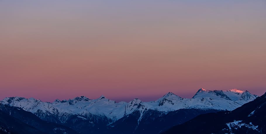 sunset, mountains, snow, winter, rocks, alps, landscape, twilight HD wallpaper