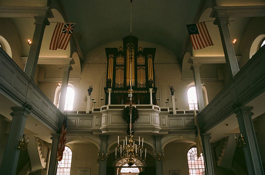 two flags hanging inside building, architecture, church, altar HD wallpaper