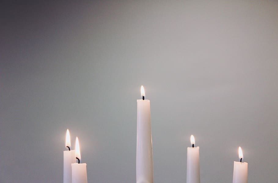 five lit white taper candles, fire, burning, flame, illuminated HD wallpaper