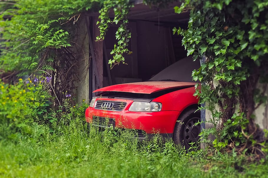 lost places, garage, auto, old, broken, scrap, abandoned, turned off, HD wallpaper