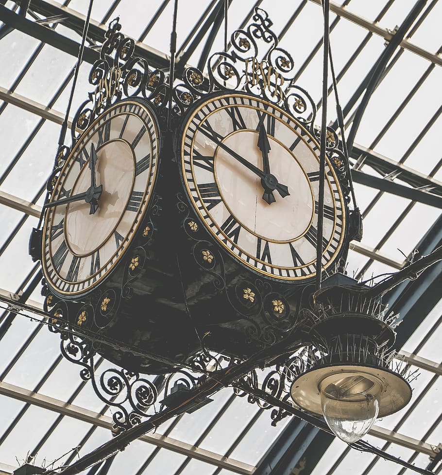 Two Round Brown Wooden Analog Clocks, hanging, retro, time, vintage HD wallpaper