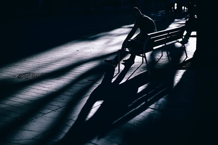 dark, bench, people, man, alone, sitting, park, waiting, area HD wallpaper