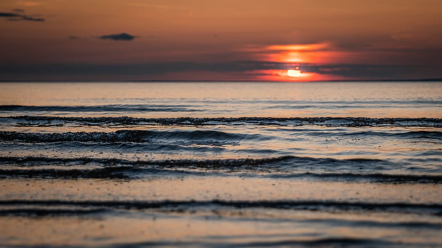 Body Of Water During Sunset, beach, dawn, horizon, nature, ocean HD wallpaper
