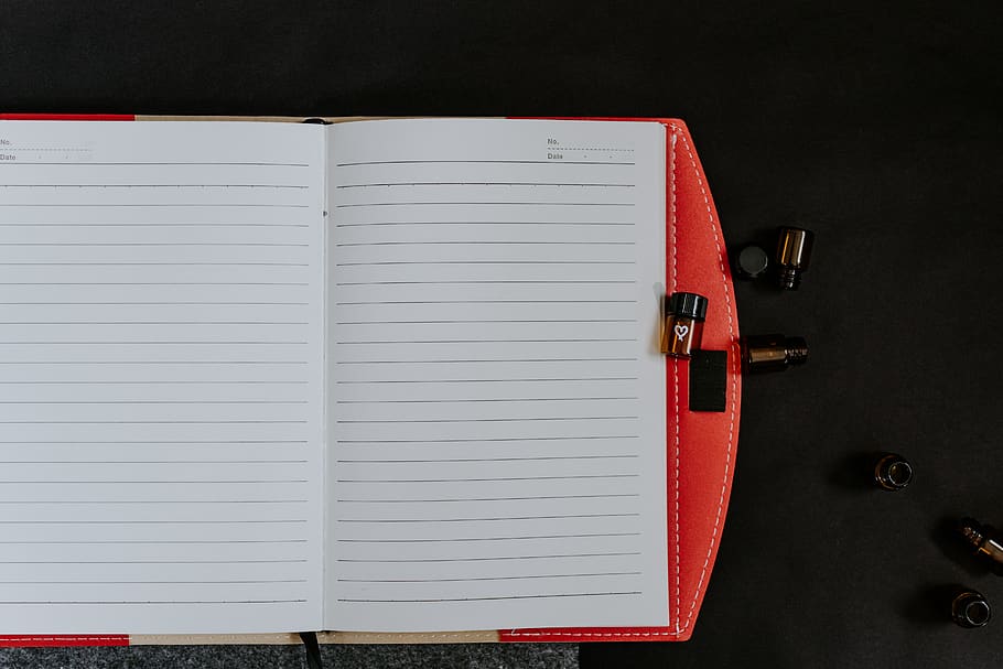 ruled note with orange leather case, indoors, paper, directly above HD wallpaper
