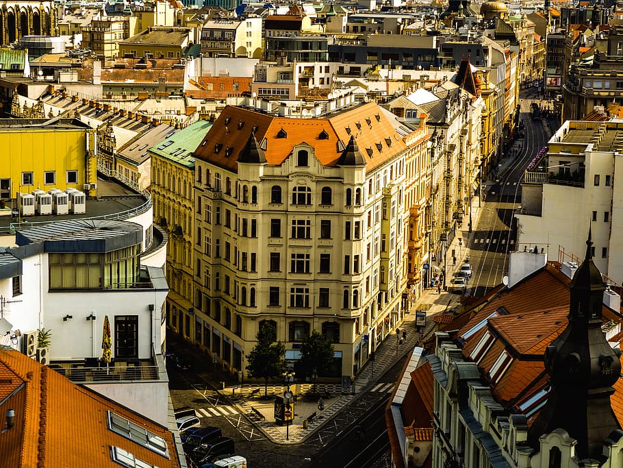 prague, yellow, street, cars, roof, photography, architecture HD wallpaper