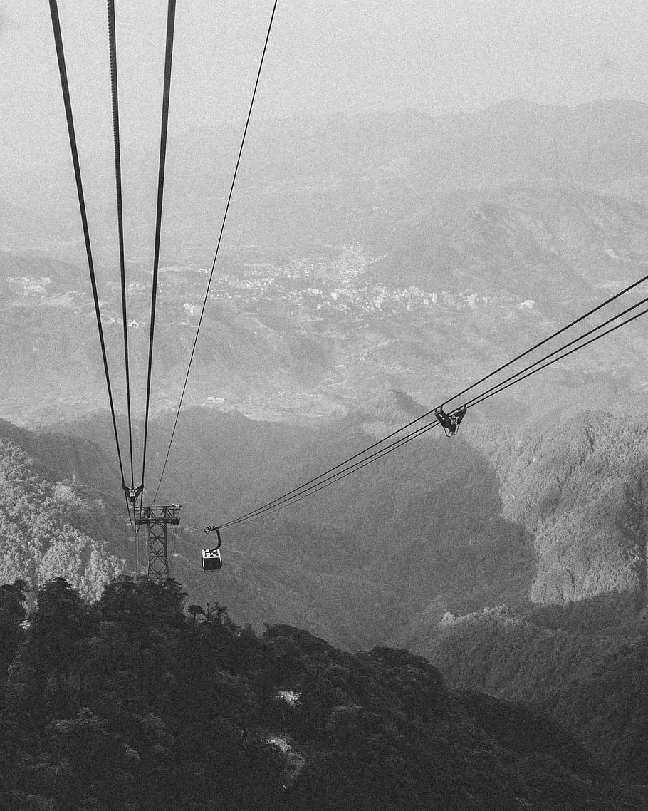cable car grayscale photo, transportation, vehicle, boat, rope HD wallpaper