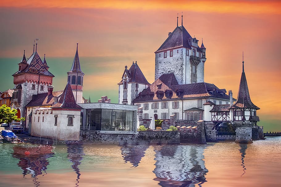 castle, lake, sky, reflection, landscape, clouds, oberhofen HD wallpaper