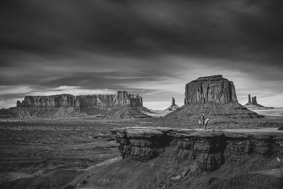 black and white, mountain, mesa, monument valley, movie, western, HD wallpaper