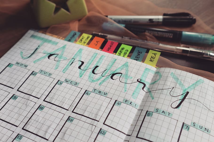 Planner, dates, January, page, pens, writing, paper, close-up HD wallpaper