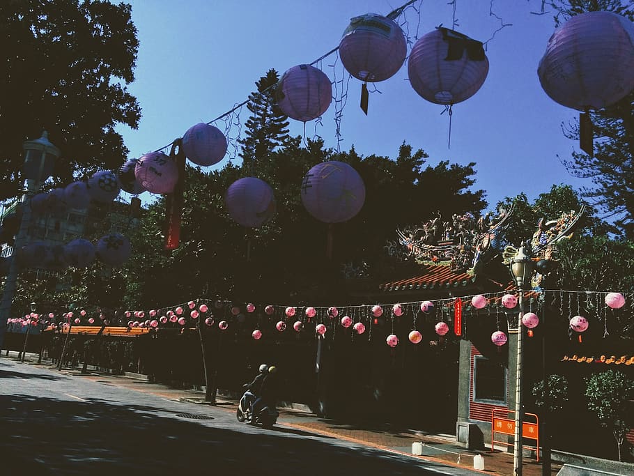 blue paper lanterns, person, human, sphere, crowd, festival, vehicle HD wallpaper