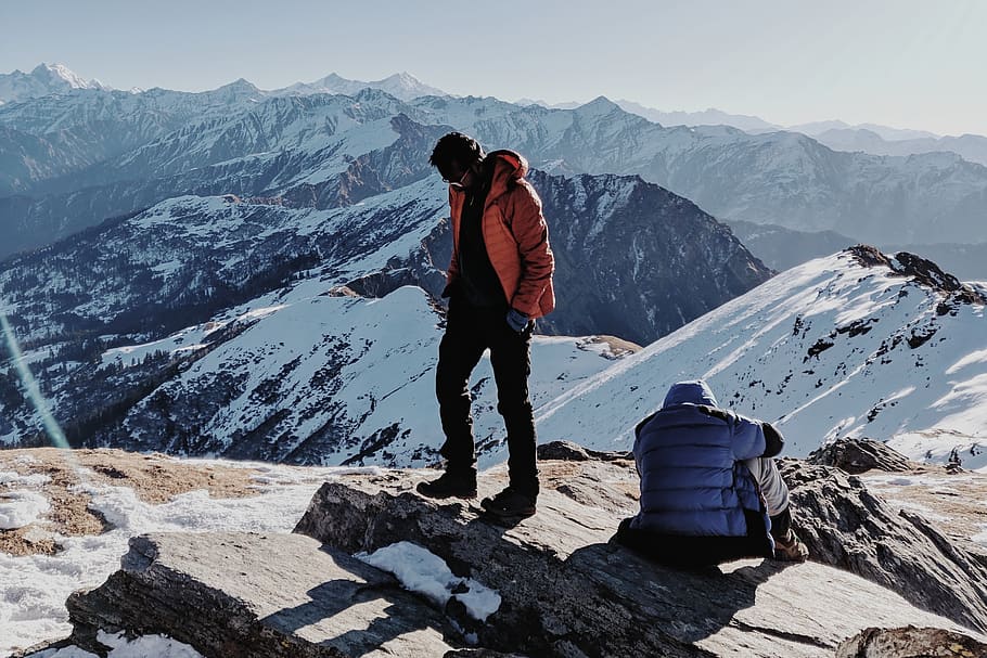 Two People on Top of a Mountain, adventure, cold, high, hike HD wallpaper