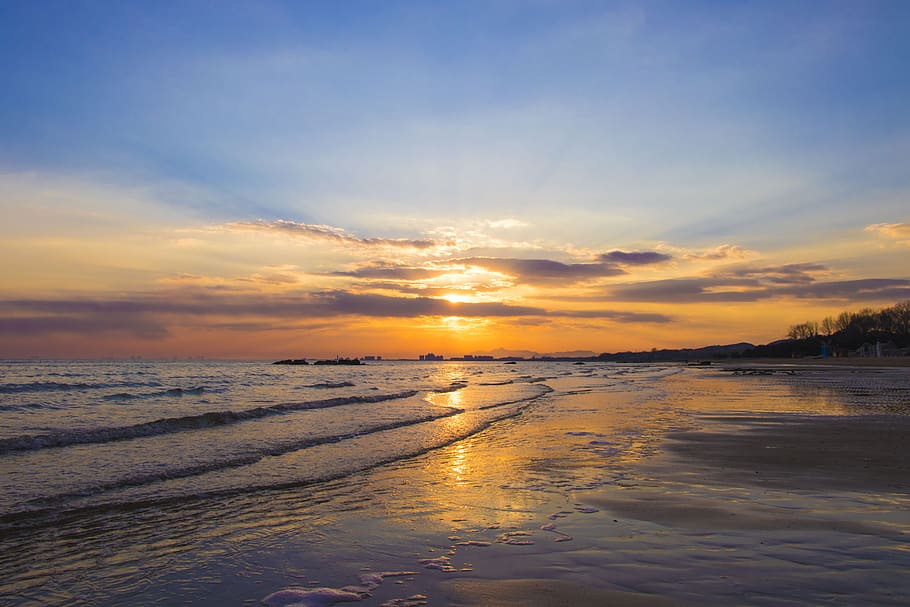 Ocean Wave Crushing on Shore, beach, clouds, dawn, evening, landscape HD wallpaper
