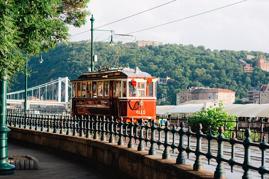 red cable tram, vehicle, transportation, cable car, budapest, HD wallpaper
