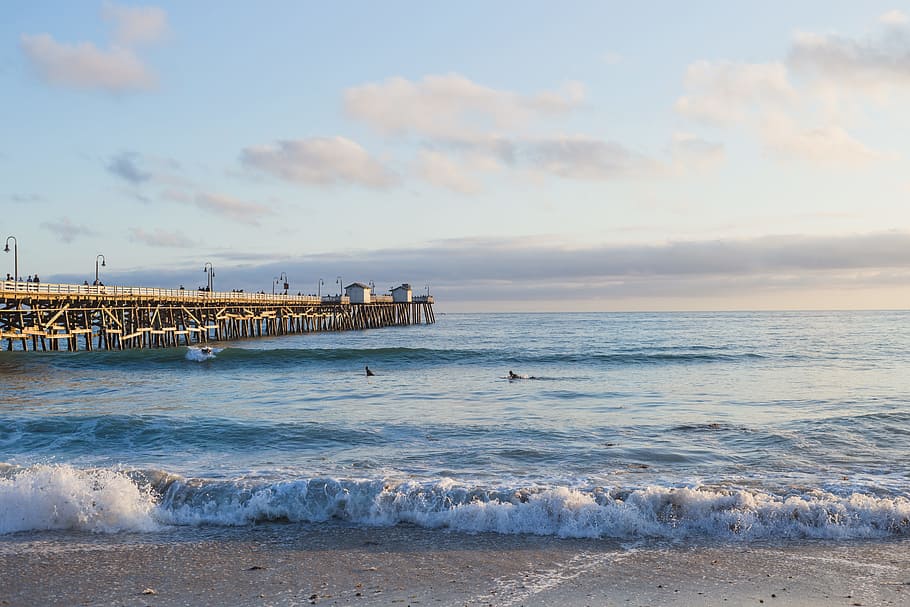 Brown Wooden Dock Surrounded Body of Water, beach, clouds, dawn HD wallpaper