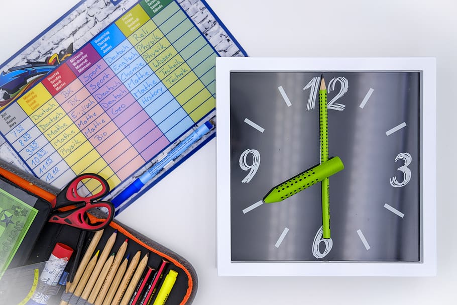 time, clock, pointer, clock face, timetable, pencil cases, writing utensils, HD wallpaper
