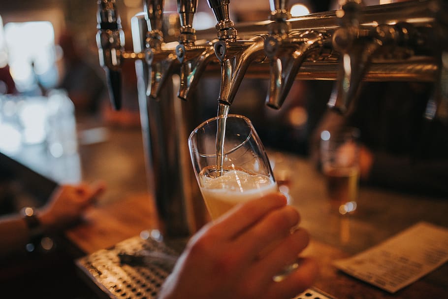 person filling beer on glass, pub, bar counter, drink, beverage