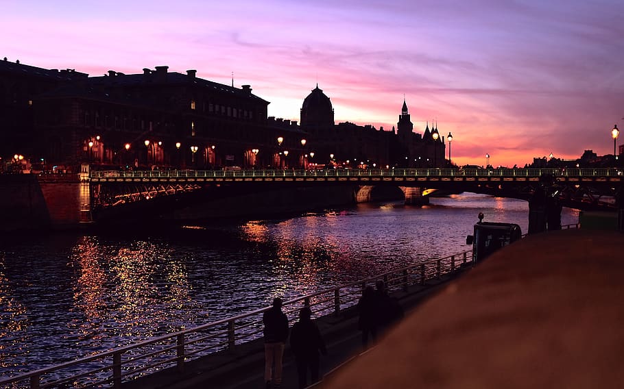 sunset, paris, river, seine, la seine, shadow, light, color, HD wallpaper