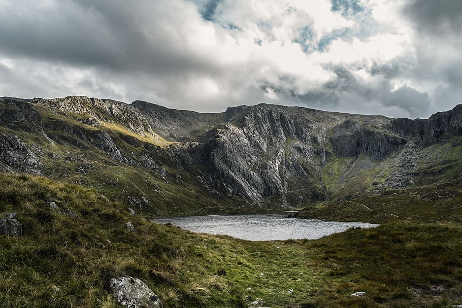 Lake Surrounded By Mountain, clouds, daylight, landscape, nature HD wallpaper