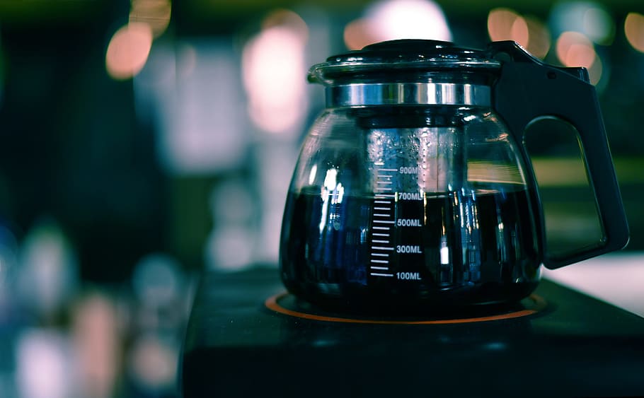 black coffee, maker, bar, restaurant, bokeh, lights, kettle HD wallpaper