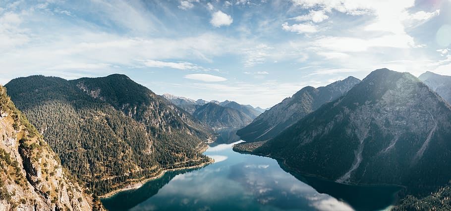 Body of Water Surrounded With Mountains, adventure, blue sky HD wallpaper