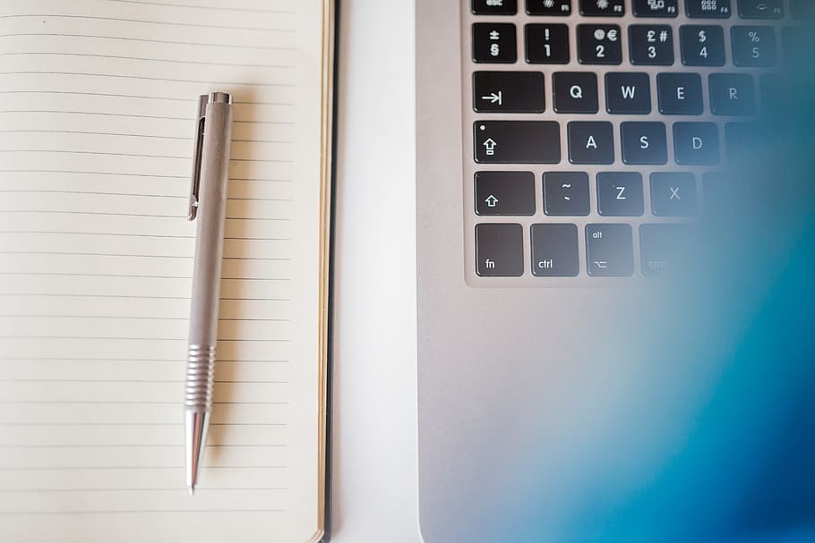 Grey Pen in White Lined Paper Beside Grey Laptop Computer, keyboard HD wallpaper