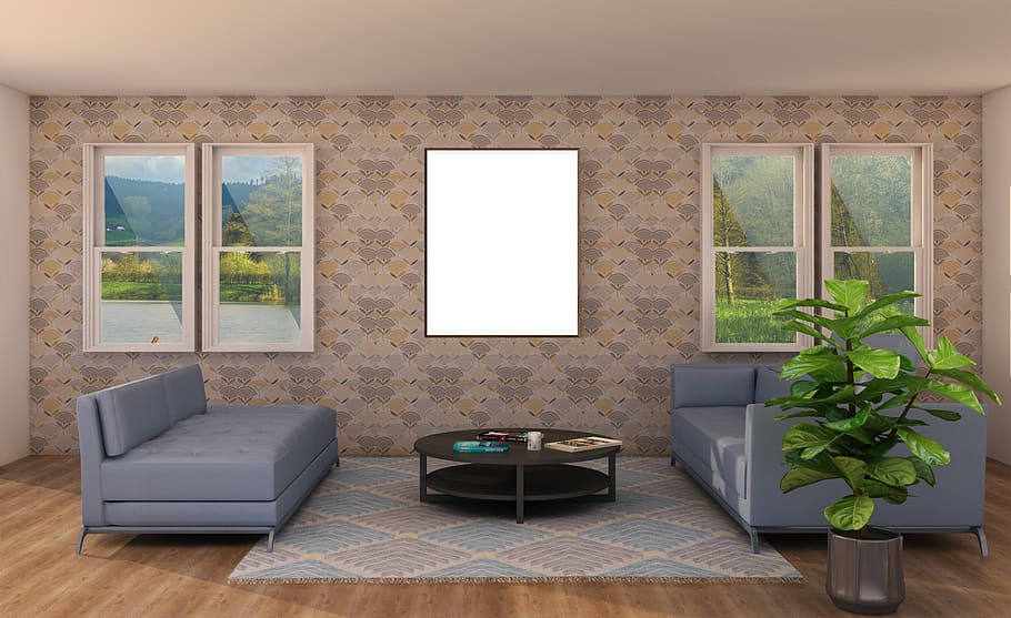 interior, poster, frame, plant, sofa, domestic room, home interior HD wallpaper