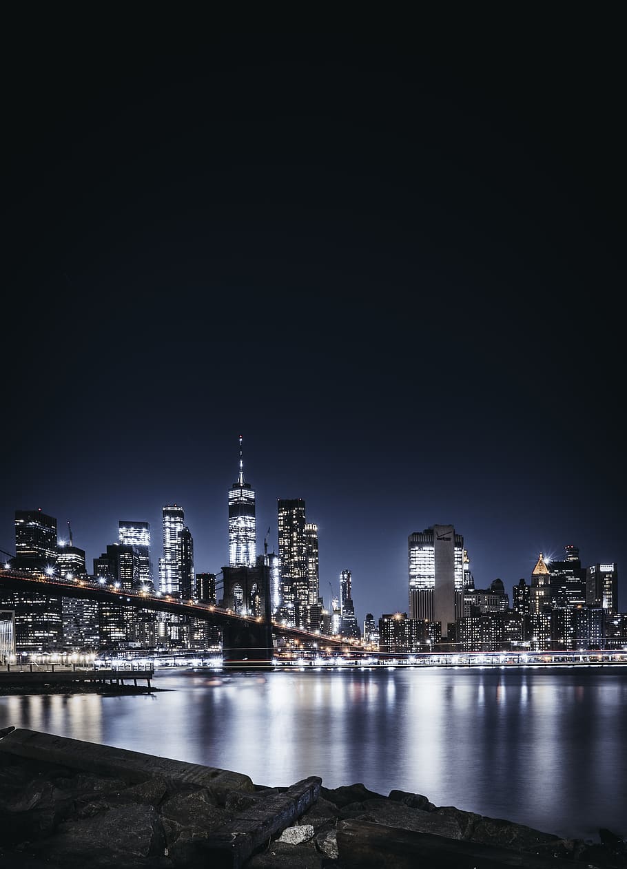 lighted bridge lights, night, water, architecture, built structure HD wallpaper