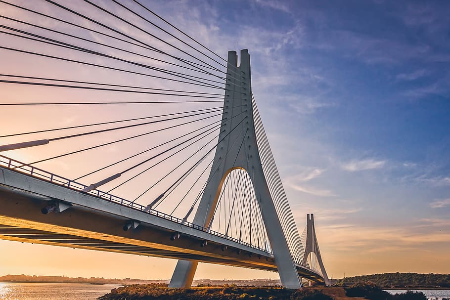 bridge, sunset, architecture, dusk, river, water, twilight HD wallpaper