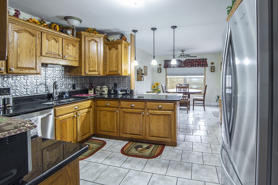 Photo of Wooden Cabinets and Refrigerator, architectural design HD wallpaper