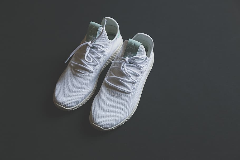 pair of white adidas sneakers, pharrell william, trainer, shoe, HD wallpaper